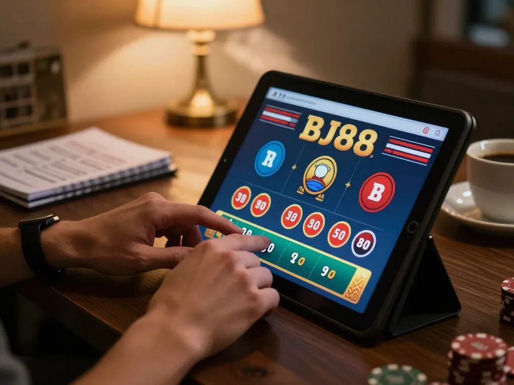 Player concentrating on BJ88 online poker game, showcasing strategic gameplay in a cozy home environment.
