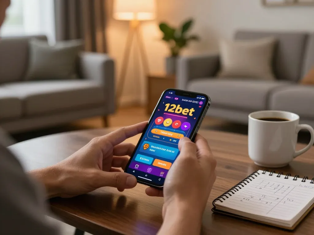 Trải nghiệm chơi game di động hấp dẫn với Link 12bet hiển thị trên màn hình smartphone trong không gian ấm cúng tại nhà