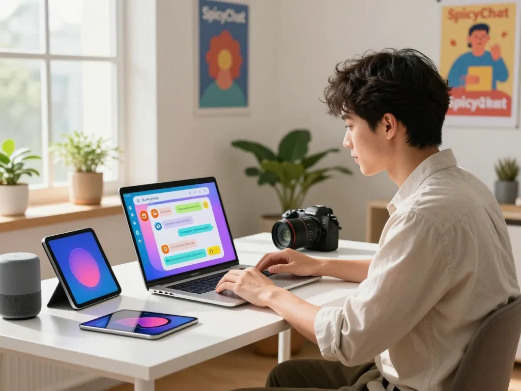 User engaging with SpicyChat AI in a bright home office, showcasing innovative technology and interactive conversation.