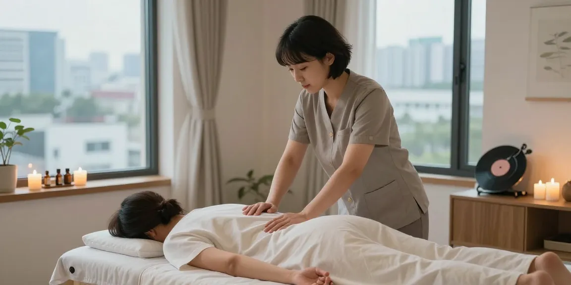 강서구출장마사지 service being provided by a therapist in a tranquil setting, featuring soothing elements like candles and essential oils.