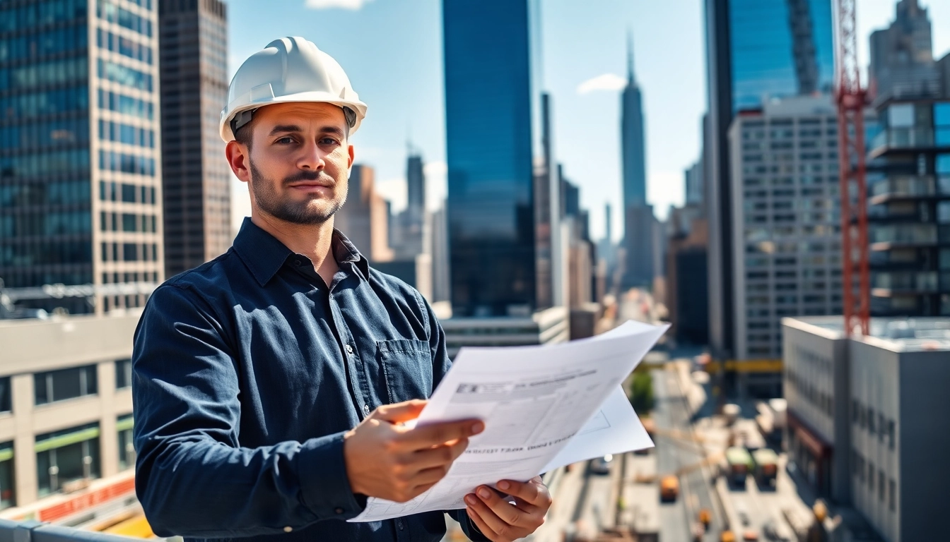 Manhattan General Contractor analyzing blueprints on a bustling New York City construction site.