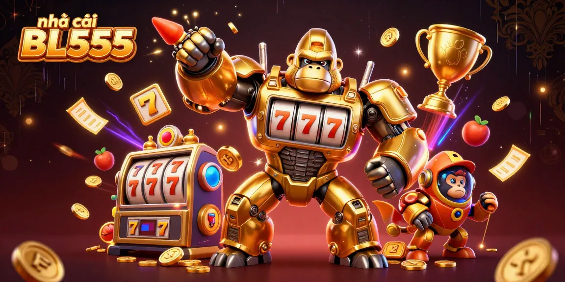 Engage with nhà cái BL555's thrilling slot machine experience featuring a golden gorilla mech.