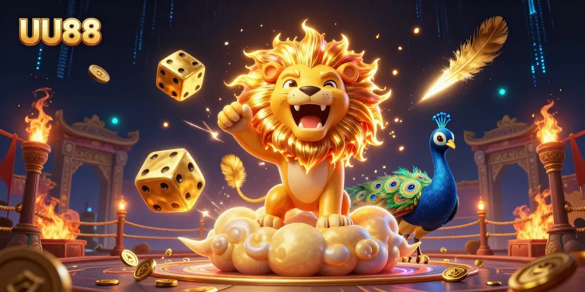 Spin the reels with UU88's golden lion and vibrant casino elements in a dazzling 3D scene.