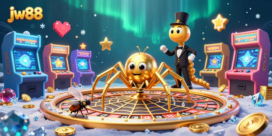 Experience thrilling gameplay at jw88, where a golden spider spins a roulette wheel web in a vibrant casino scene.