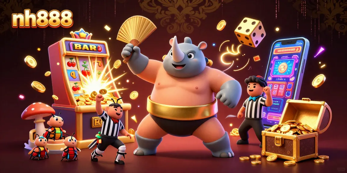Experience the excitement of nh888 casino with a sumo beetle champion amidst flying coins and jackpot thrills.