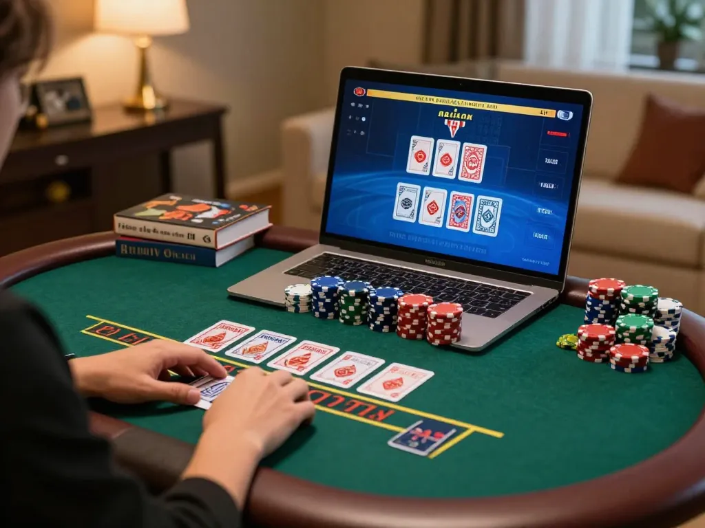 person playing online blackjack at home on laptop with strategic chips in view, showcasing the red88 gaming experience