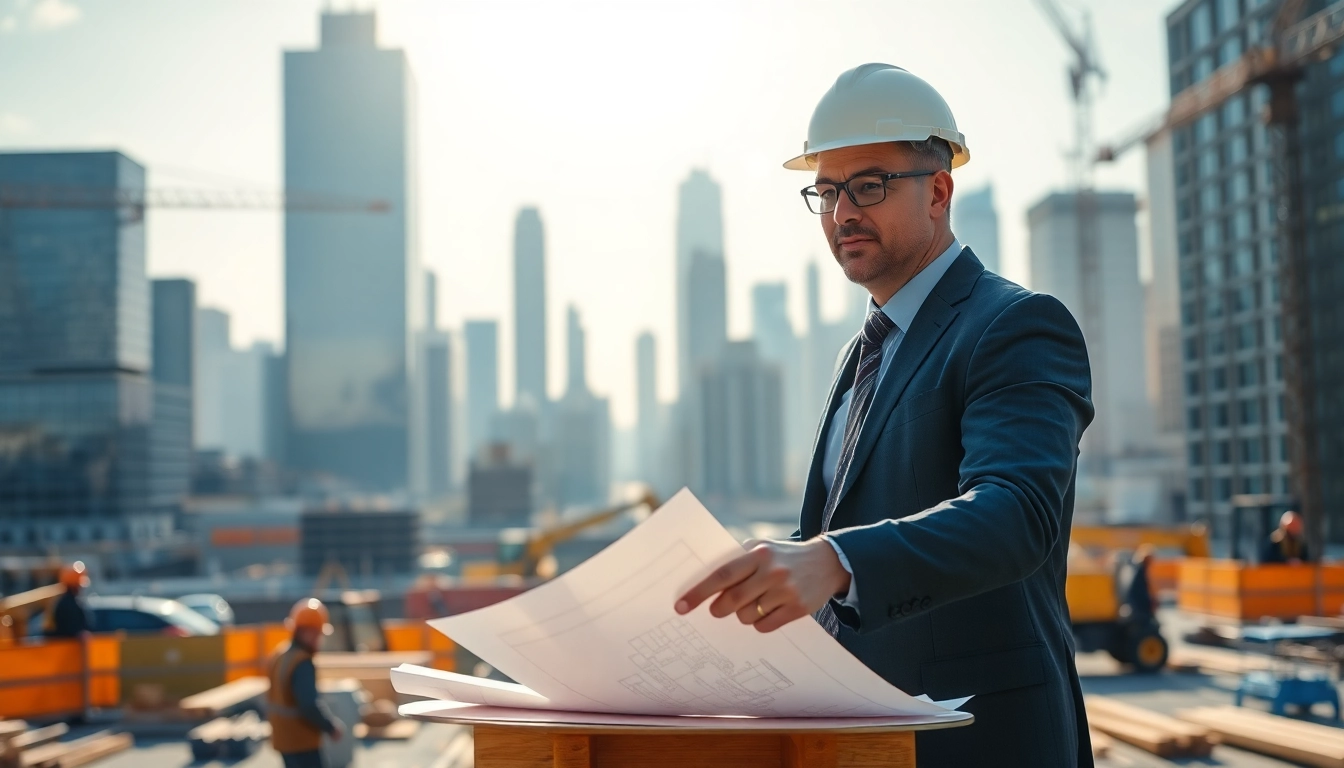 New York Construction Manager reviewing blueprints at an active construction site.