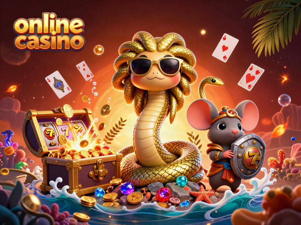 Engage with an exciting online casino scene featuring Medusa and a mouse warrior amidst treasures and playing cards.