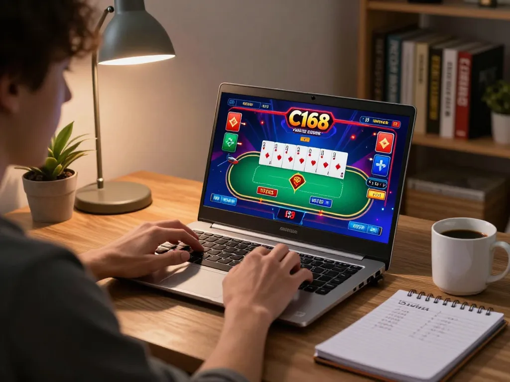 C168 player focusing on online poker game at home, showcasing a vibrant gaming setup with strategies.