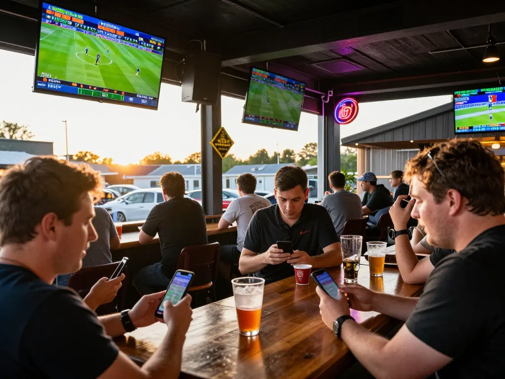 Excited friends placing sports bets at https://fc88.today during game day at a lively sports bar