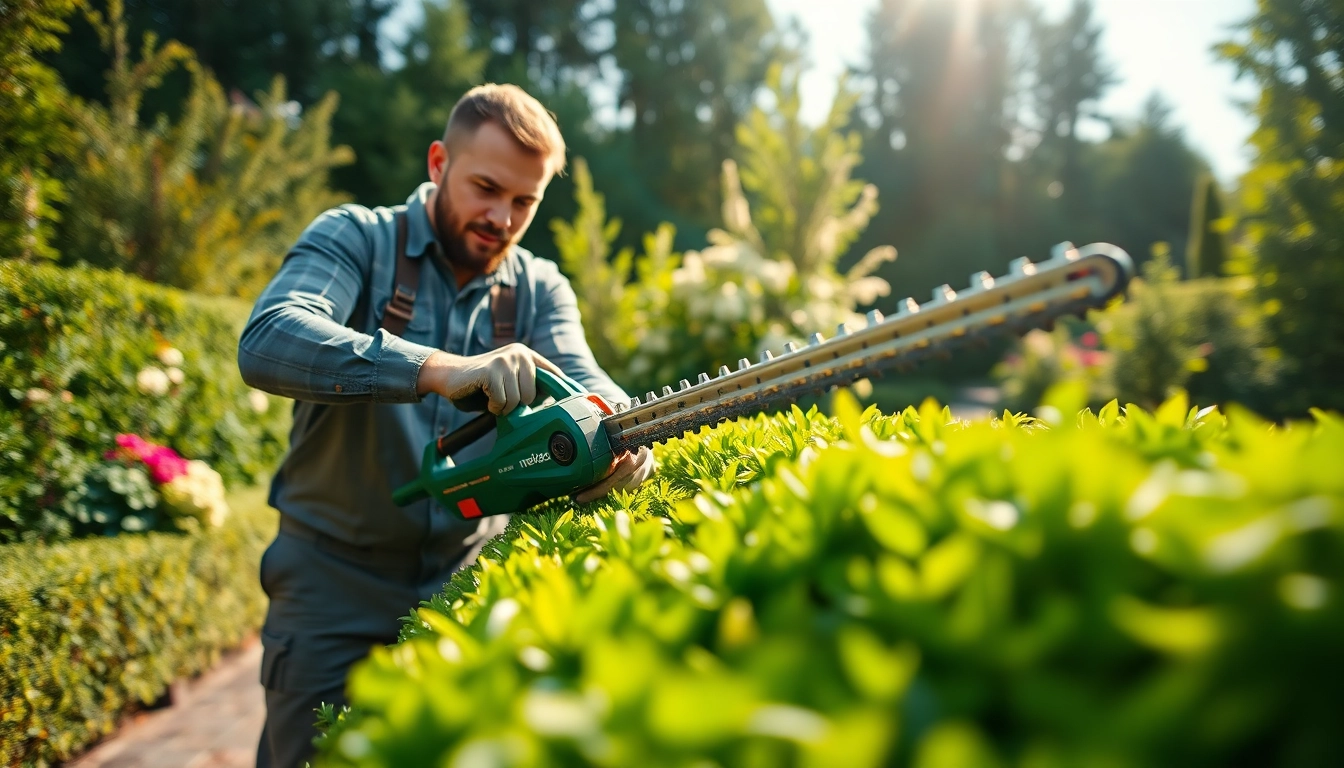 Professional gardener using a Metabo hedge trimmer to neatly shape hedges in a vibrant garden.