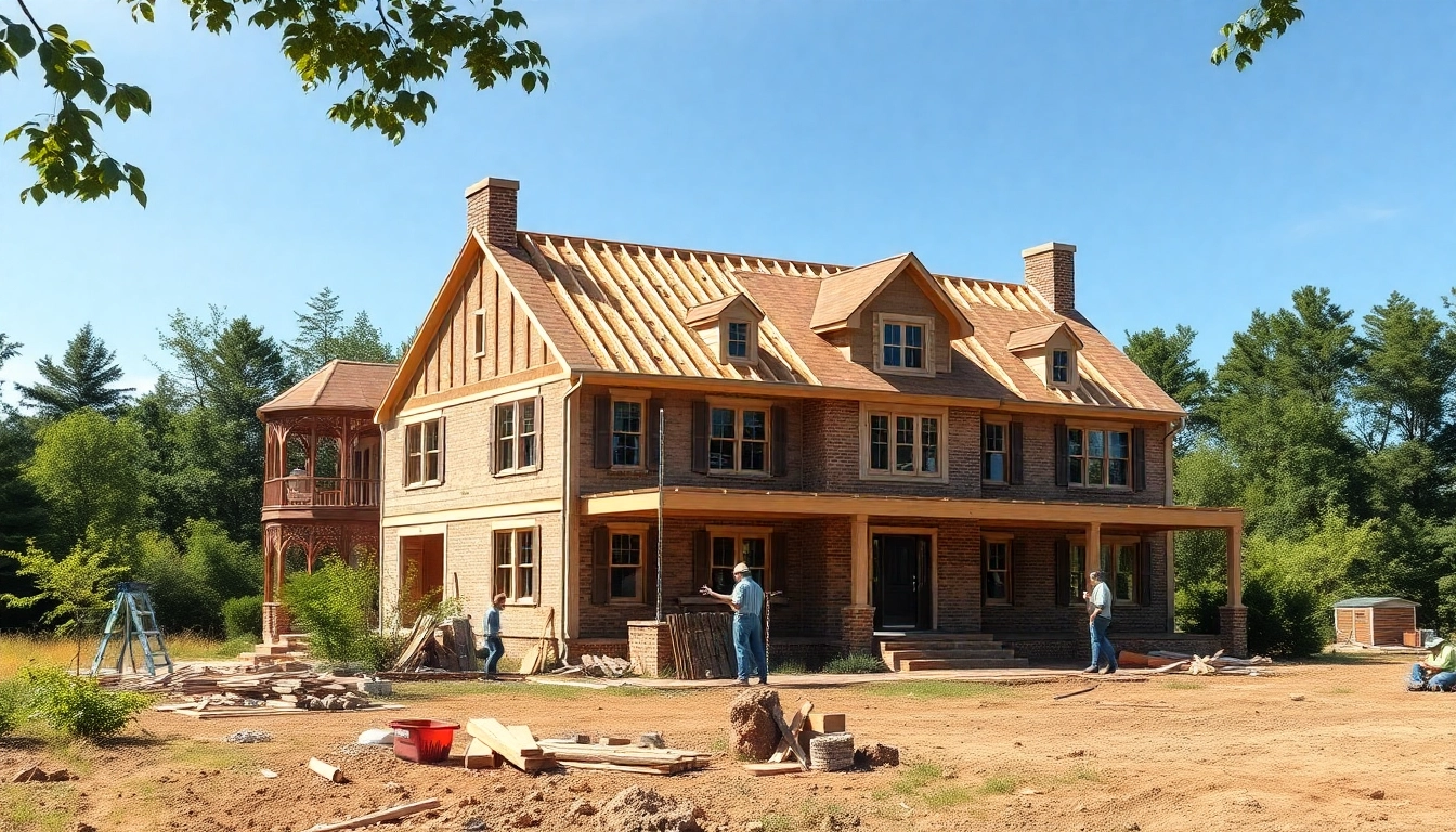 Build of a colonial home new build construction highlighting craftsmanship and natural surroundings.