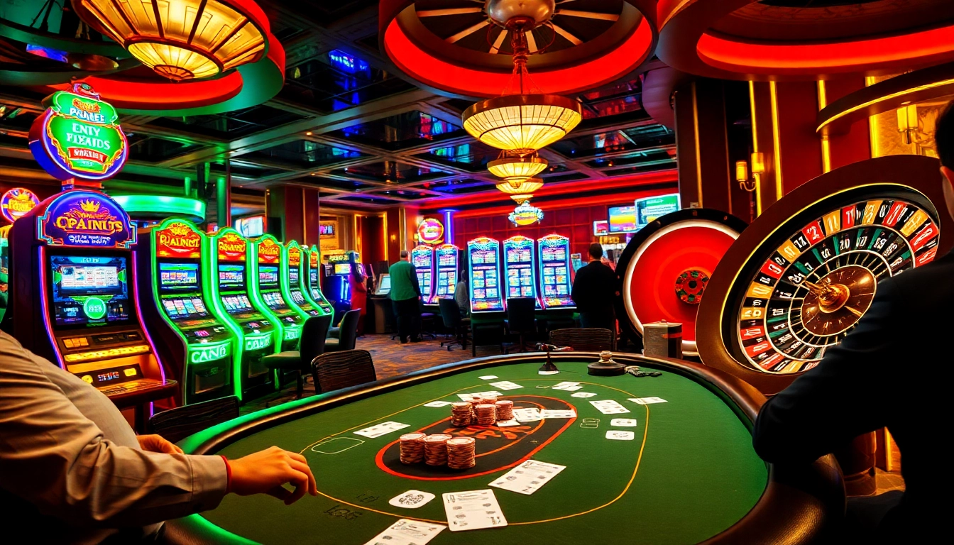 Engaging poker players at QQ88pro Vip casino with vibrant slot machines and roulette.