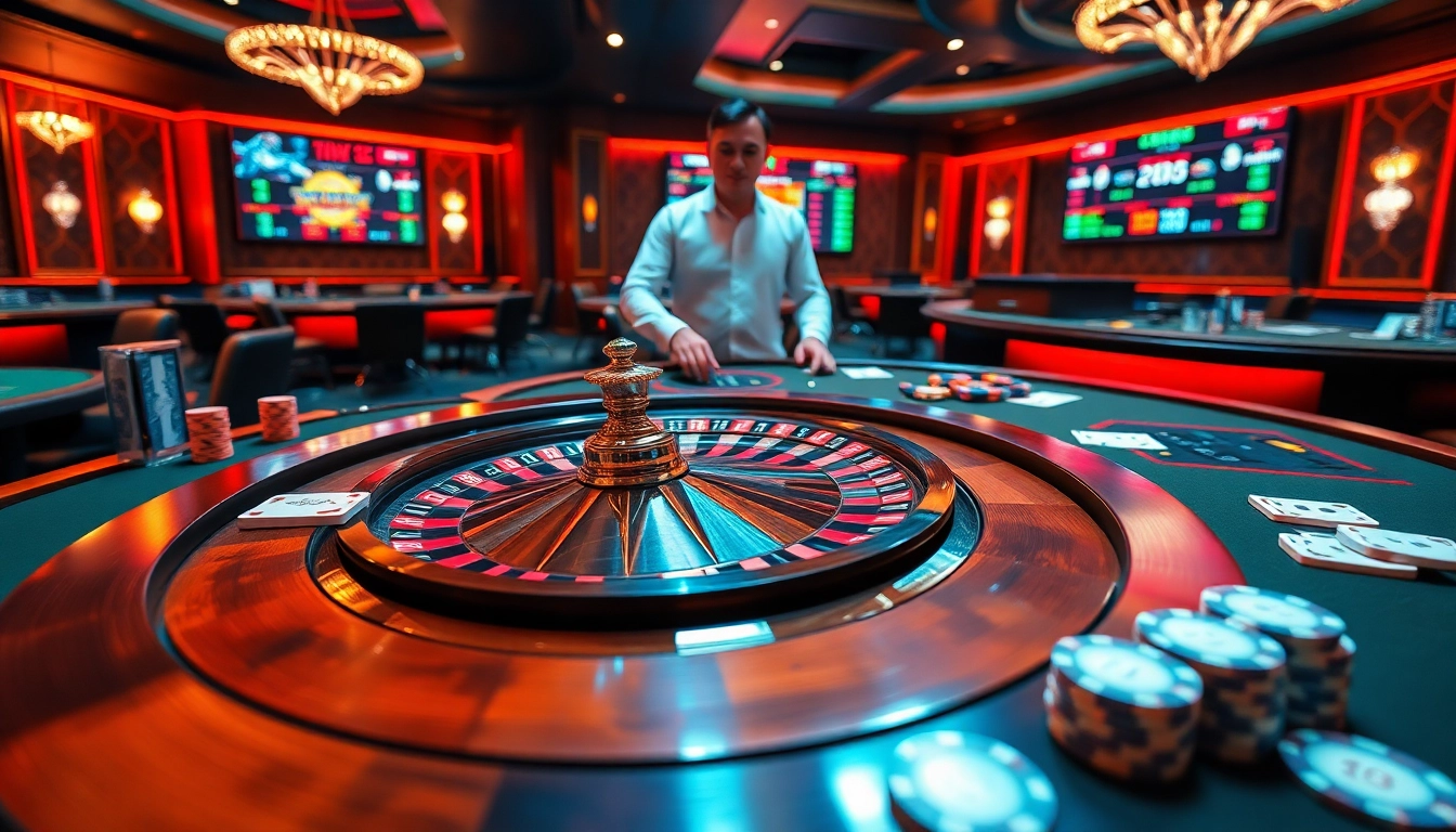 A vibrant casino roulette table scene featuring gambling elements related to 7m cn, showcasing excitement and luxury.