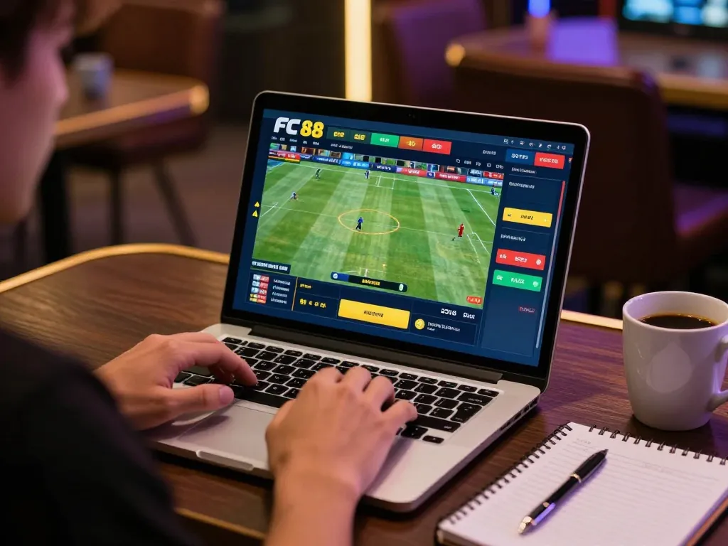 Player engaged with the FC 88 betting interface at a cozy online gaming setup