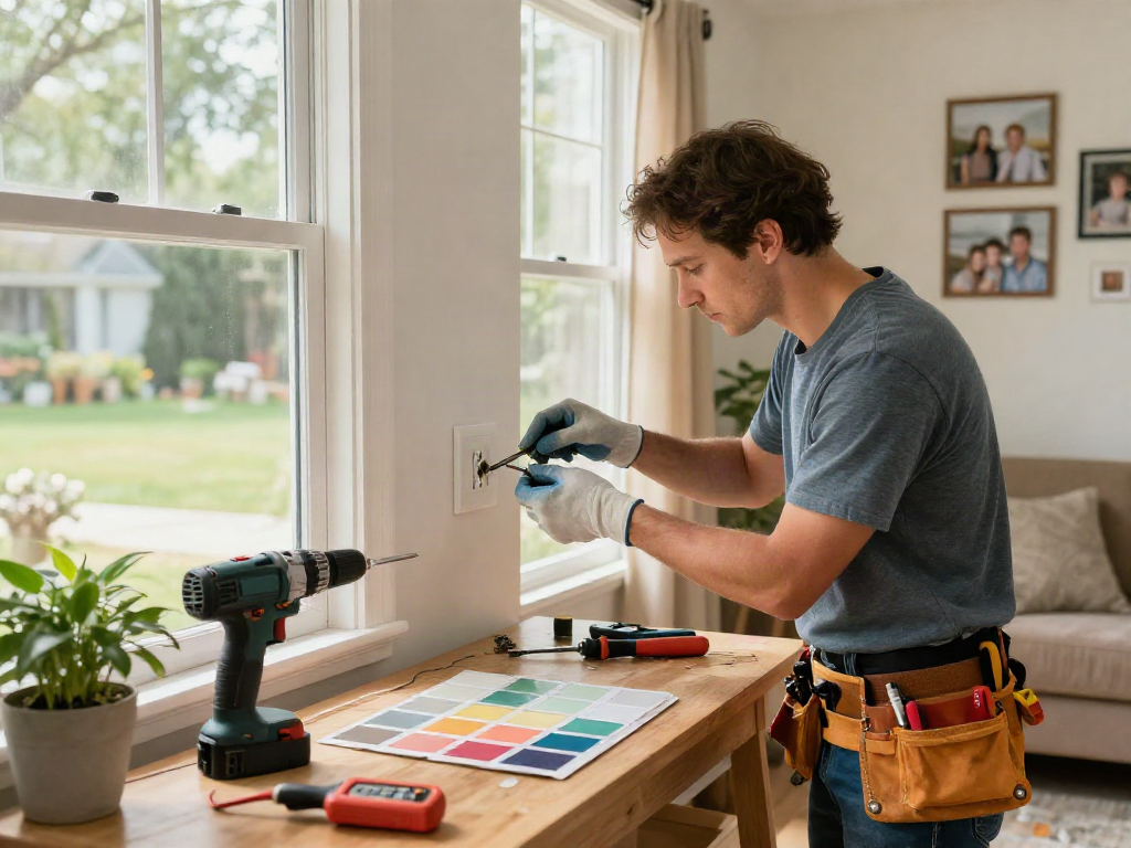 Home repair services Des Moines Iowa: skilled contractor fixing electrical outlet with tools in cozy living room.
