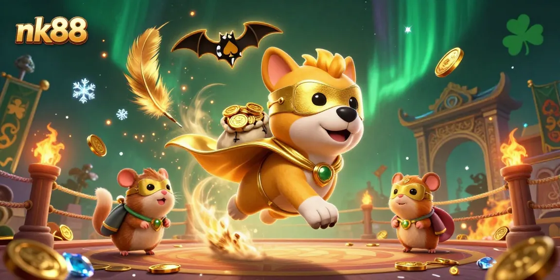 Experience thrilling gameplay with nk88 at the online casino featuring a playful superhero dog and a hamster companion.