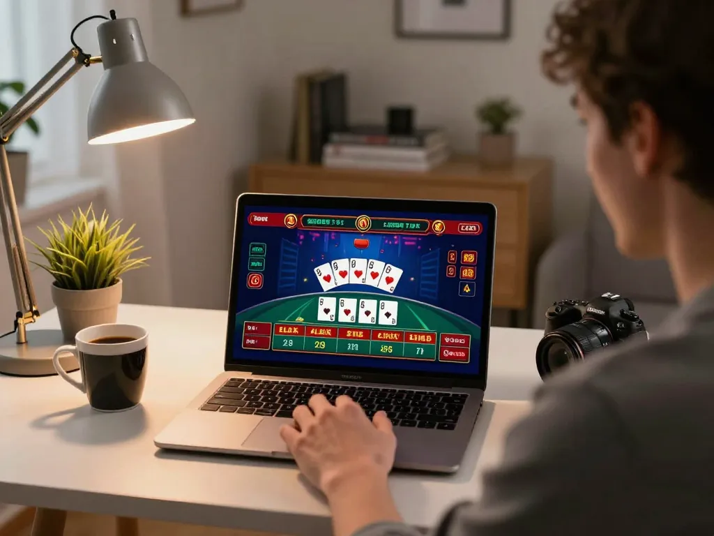 Player engaged in online gambling at home on mb668 laptop with exciting live dealer game interface.