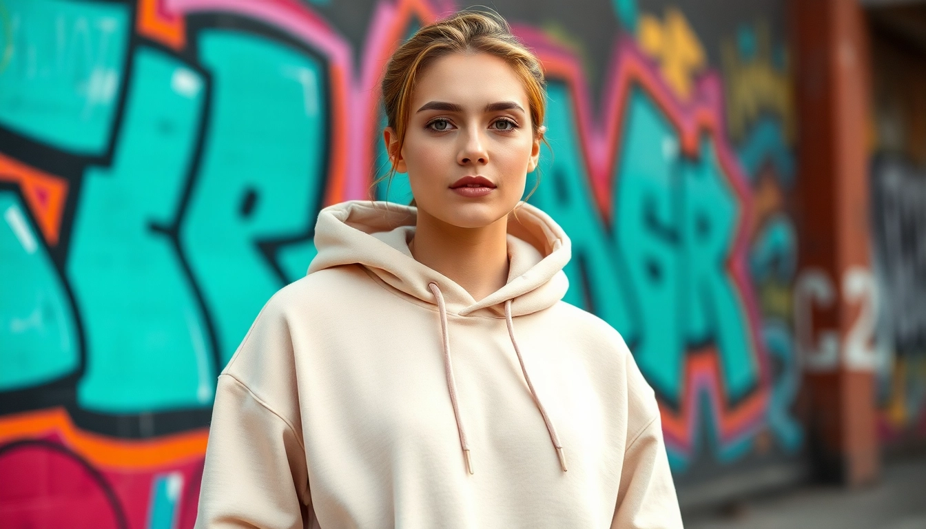 Model showcasing stylish plain hoodies against a vibrant urban background.