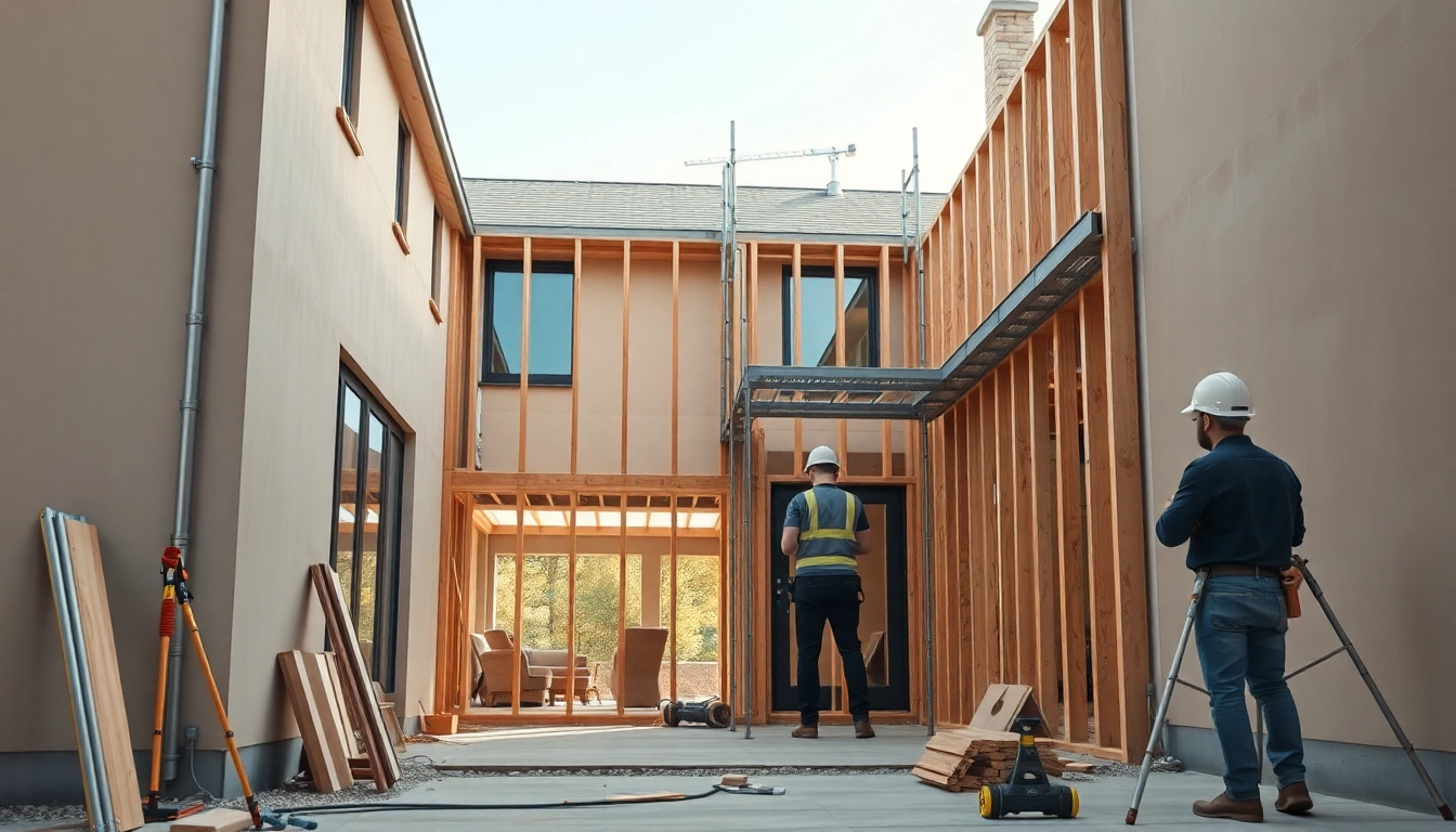 House extension construction with builders framing a new modern extension, showcasing professional craftsmanship.