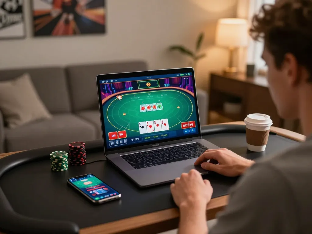 Engaging moment showing a player using cm88 com for online poker, laptop and strategy notes visible, relaxed atmosphere.