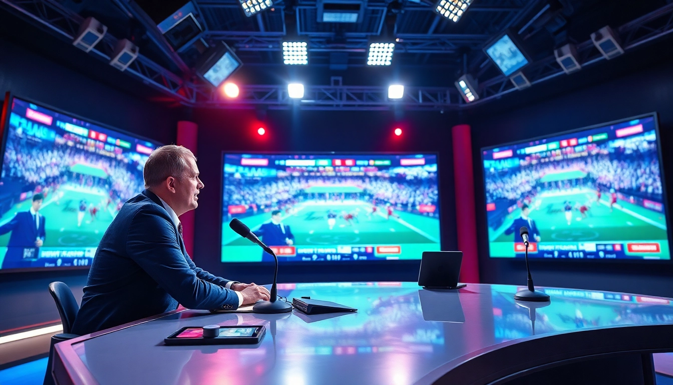 Engaging scene of sports broadcasting with an anchor and live game graphics.