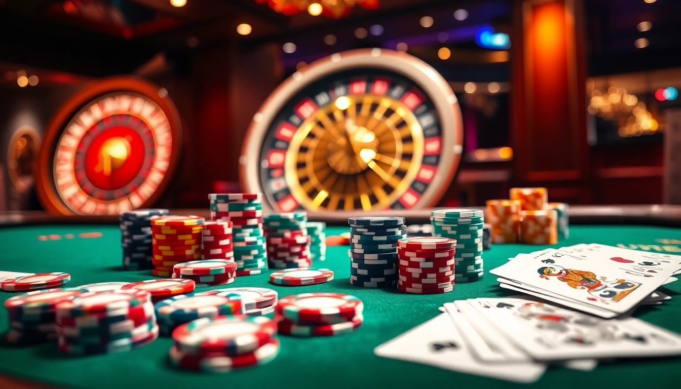 Experience excitement at UU88C.CASINO with vibrant poker chips and a spinning roulette wheel.