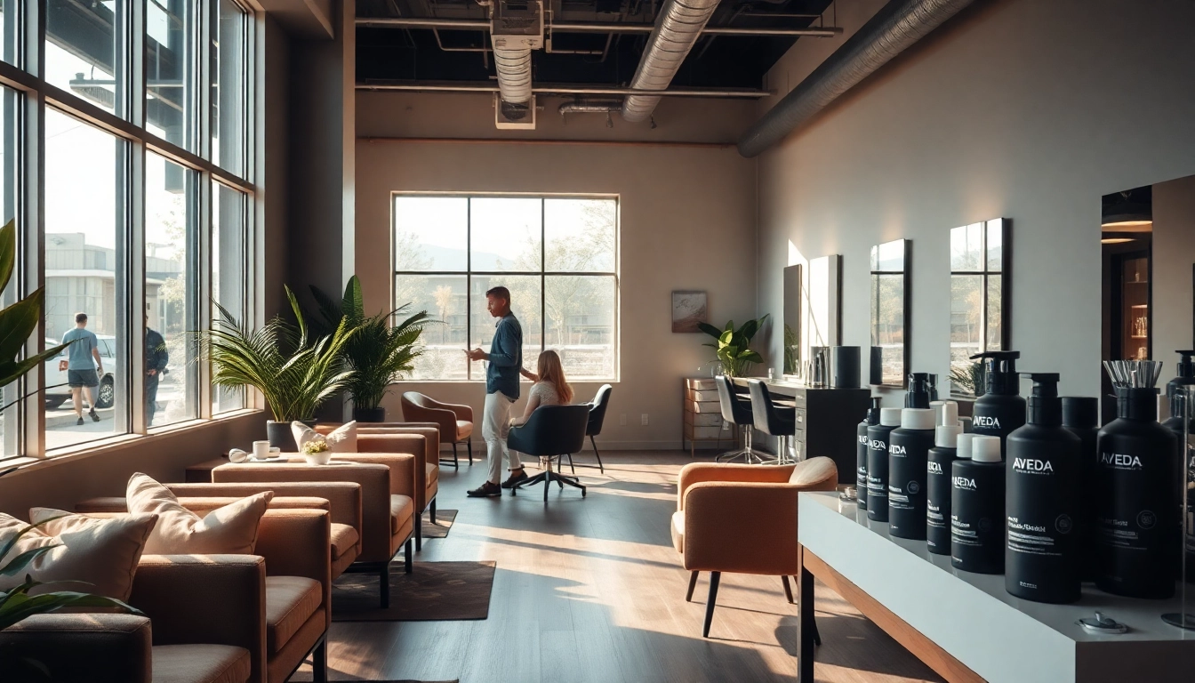 Hair salon San Diego interior with stylish decor, professional hairstylist, and Aveda products.