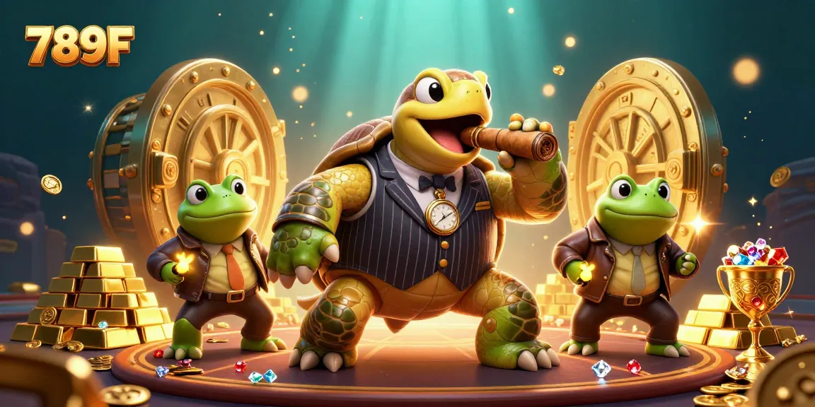 Bet on thrilling games at 789F featuring a unique turtle mobster and frog enforcers in a vibrant casino.