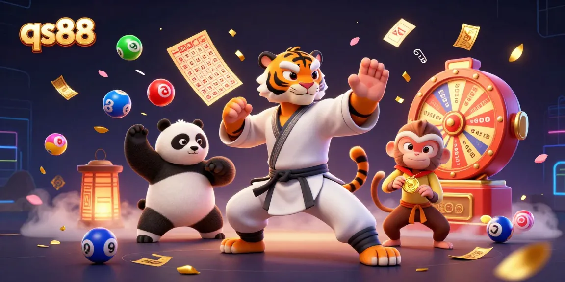 Experience the excitement of qs88 with a dynamic scene of a kung fu tiger and friends amid vibrant lottery elements.