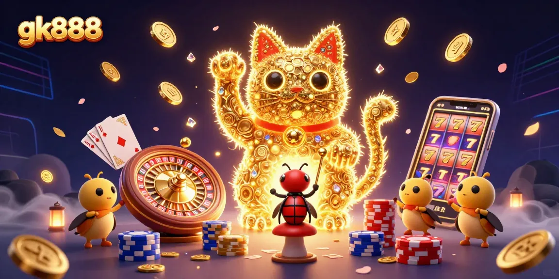 Watch gk888's golden fireflies transform into a lucky cat amidst vibrant casino symbols.
