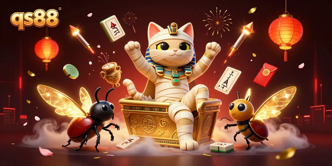 qs88's vibrant 3D casino scene showcases a mummy cat and scarab, featuring dynamic gaming elements