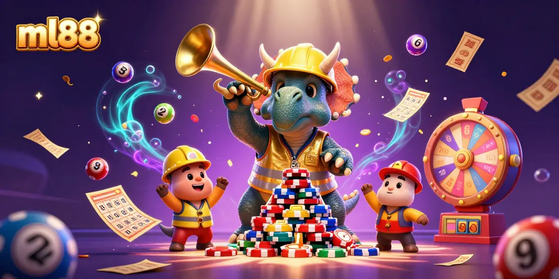 Celebrate winning at ml88 with a vibrant 3D scene of animated dinosaurs in a casino.