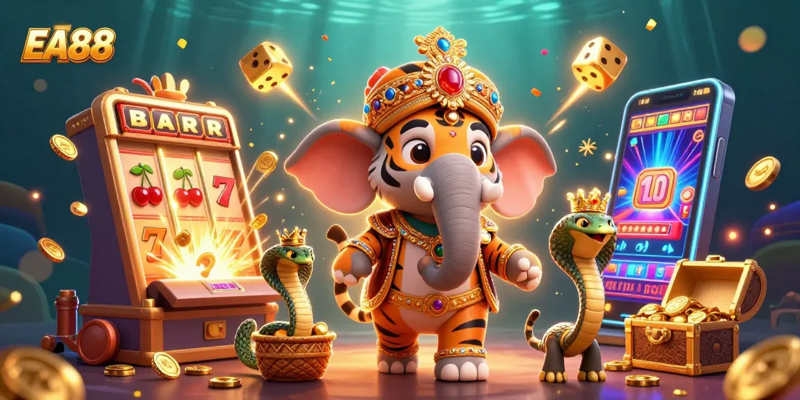 Experience thrilling jackpots and adventure with EA88's vibrant casino illustration featuring vivid game symbols.