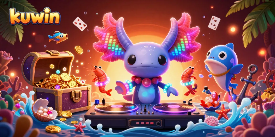 Kuwin's 3D visual showcase combines axolotl DJ and dancing shrimp, creating a vibrant underwater casino atmosphere.
